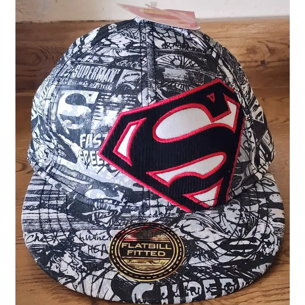 Bioworld Superman DC Comics Flatbill Fitted Hat Men's Black White Comic Print